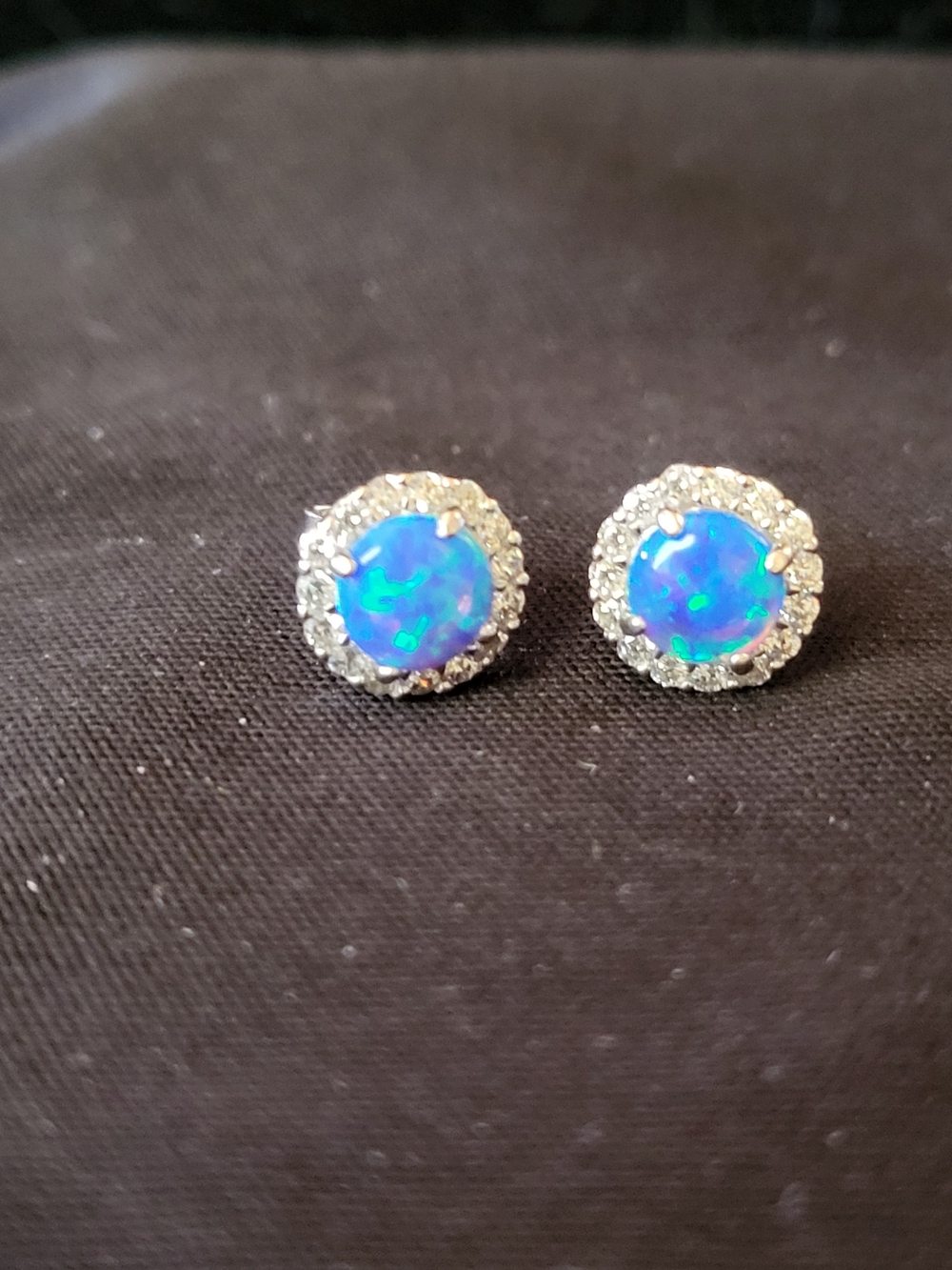 Blue Opal Halo Stud Earrings - Sparkling Blue Opal Accent